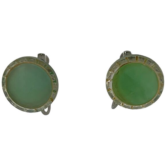 Vintage 1960s Mint Green Round Screw Back Earrings Art Deco Mid Century Mod - Picture 2 of 8